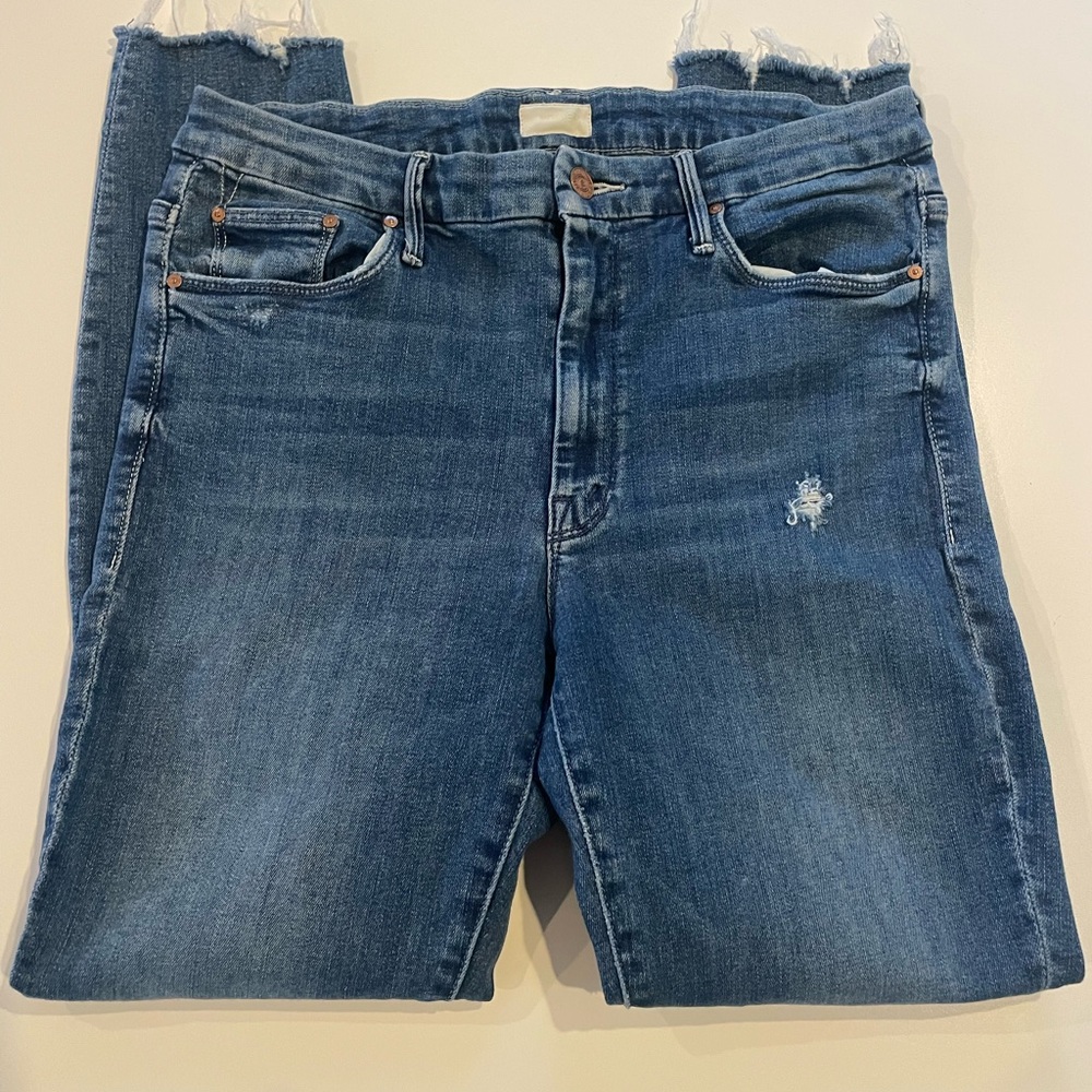 Mother High Waisted Looker Ankle Fray Jeans Get Your Groove Back Denim 31